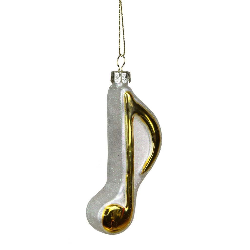 4" Shiny Gold and Glittered White Eighth Symbol Music Note Glass Christmas Ornament