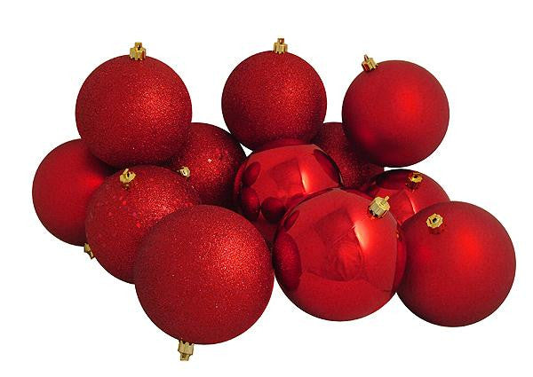 12ct Shatterproof Red Hot 4-Finish Christmas Ball Ornaments 4" (100mm)