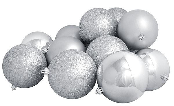 12ct Shatterproof Silver Splendor 4-Finish Christmas Ball Ornaments 4" (100mm)