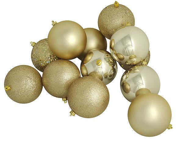 12ct Shatterproof Champagne Gold 4-Finish Christmas Ball Ornaments 4" (100mm)