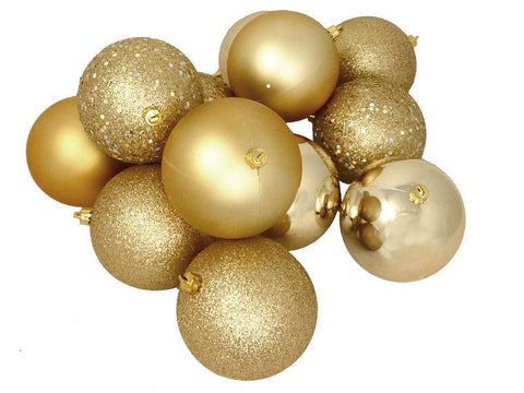 12ct Shatterproof Vegas Gold 4-Finish Christmas Ball Ornaments 4" (100mm)