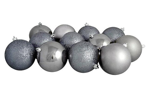 12ct Gunmetal Gray Shatterproof 4-Finish Christmas Ball Ornaments 4" (100mm)