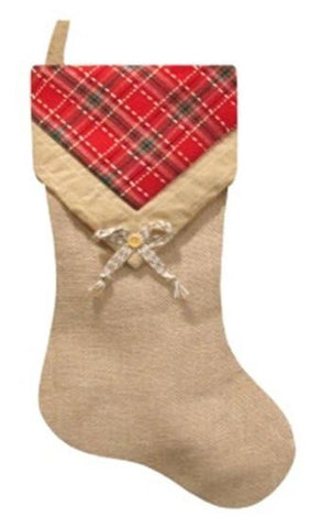 20.5" Burlap and Plaid V-Cuff with Button Decorative Christmas Stocking