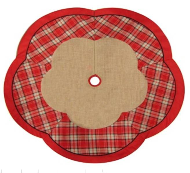 48" Countryside Burlap and Red Plaid Christmas Tree Skirt with Scalloped Border