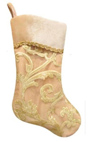 20.5" Gold Glittered Leaf Flourish Organza Christmas Stocking with Shadow Velveteen Cuff