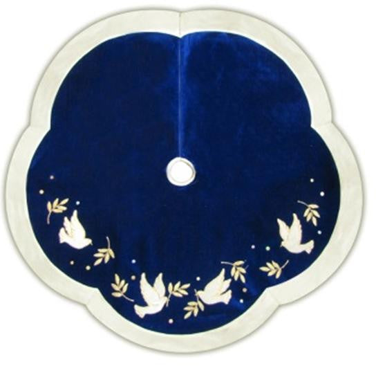 48" Royal Blue and White Velvet Dove with Twig Decorative Christmas Tree Skirt