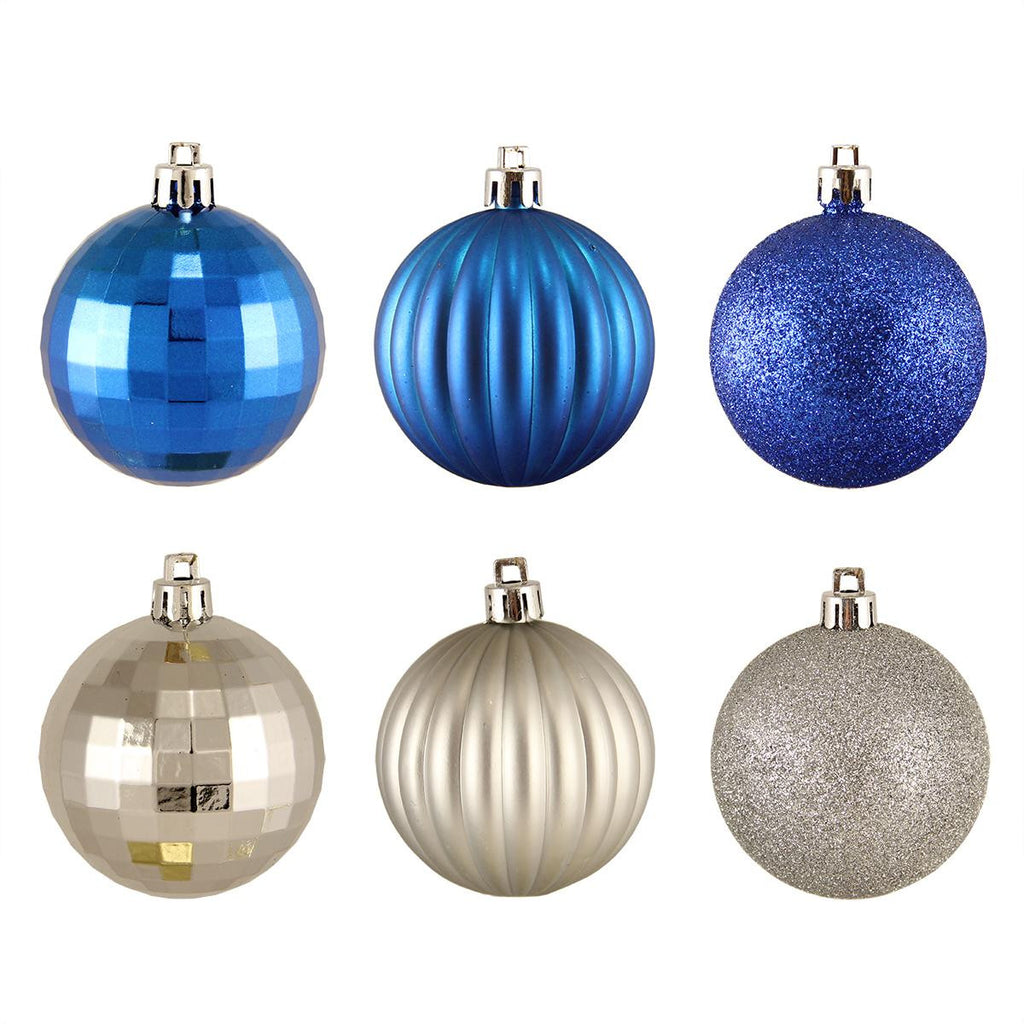 100ct Silver and Blue 3-Finish Shatterproof Christmas Ball Ornaments 2.5" (60mm)