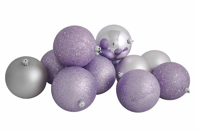 12ct Lavender Shatterproof 4-Finish Christmas Ball Ornaments 4" (100mm)