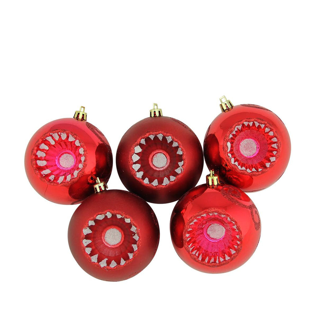 5ct Shiny and Matte Red Hot Retro Reflector Shatterproof Christmas Ball Ornaments 3.25" (80mm)