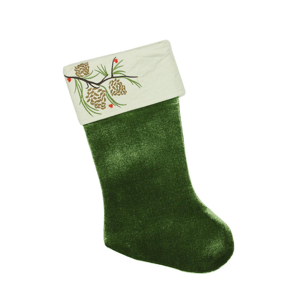 19" Traditional Green Pine Cone Suede Cuff Christmas Stocking