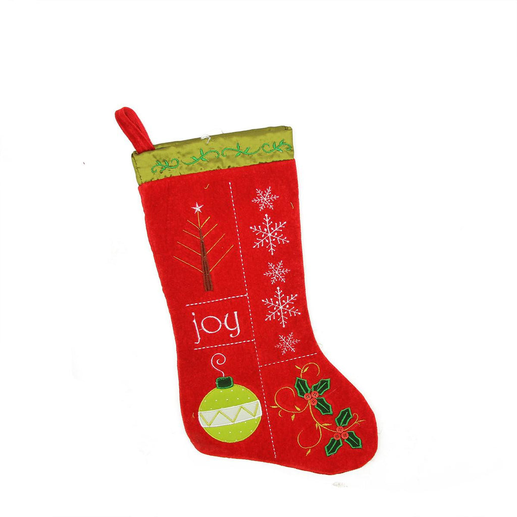 19" Traditional "Joy" Red and Green Embroidered Cuffless Christmas Stocking