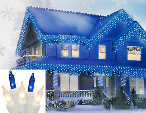 Set of 100 Blue and Frosted Clear Mini Icicle Christmas Lights - White Wire