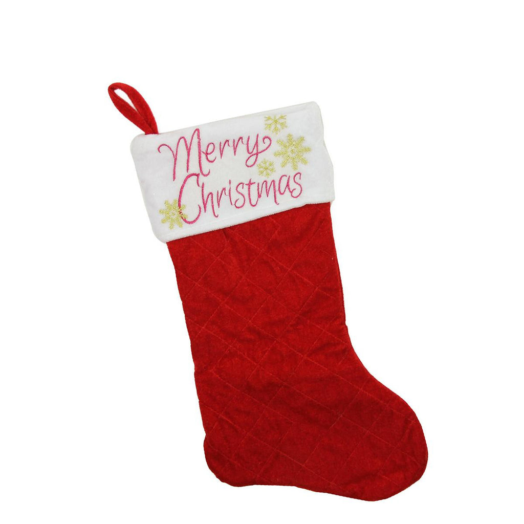 19" Quilted Red Velvet "Merry Christmas" Embroidered Christmas Stocking