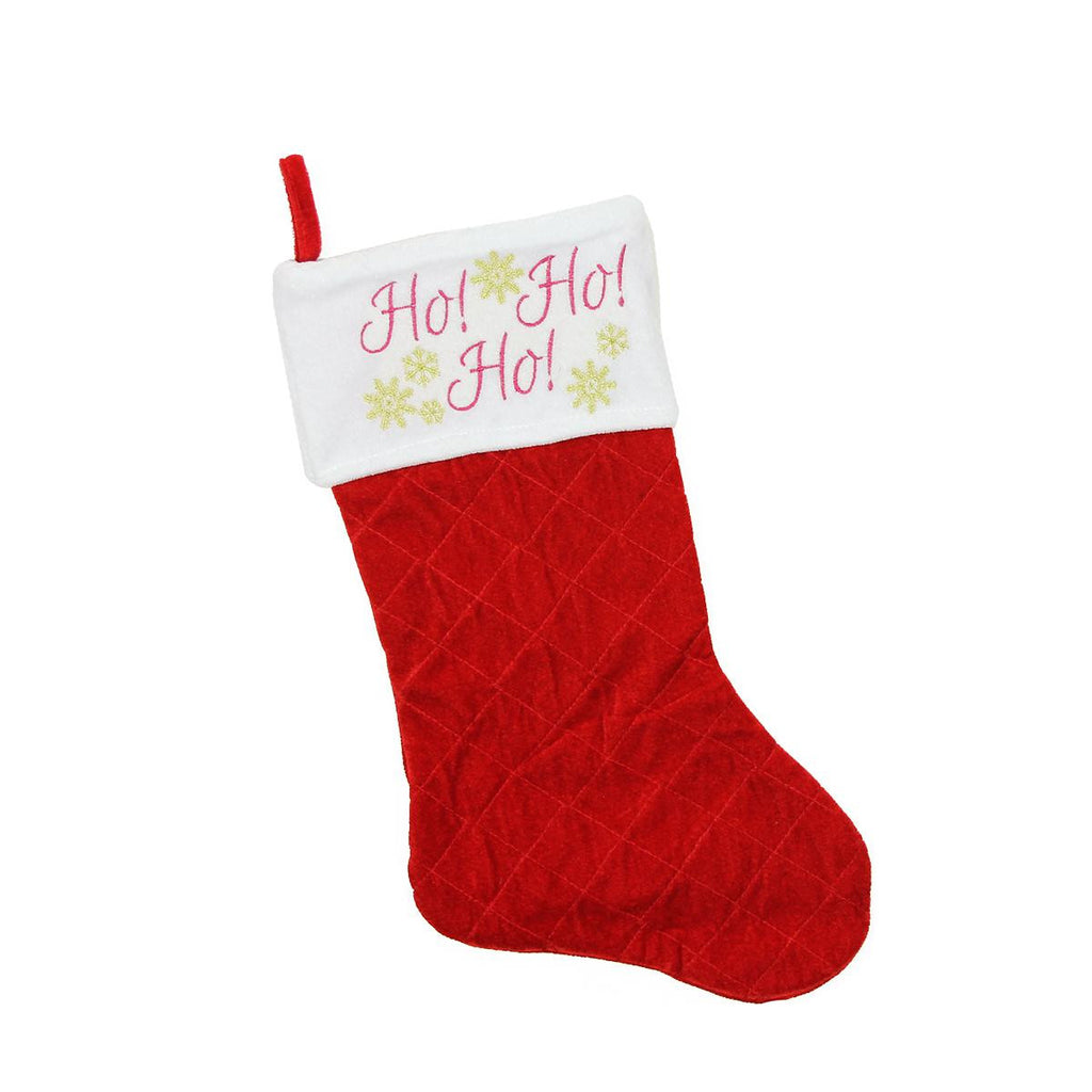 19" Quilted Red Velvet "HO! HO! HO!" Embroidered Christmas Stocking