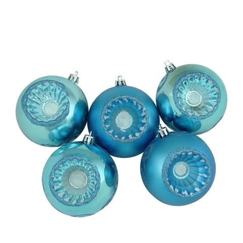 5ct Shiny & Matte Turquoise Blue Retro Reflector Shatterproof Christmas Ball Ornaments 3.25" (80mm)