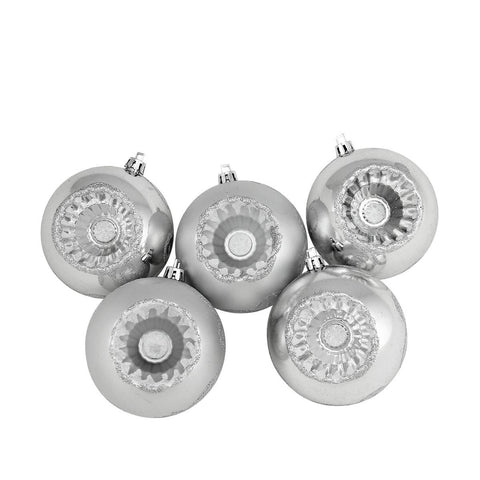 5ct Shiny and Matte Silver Retro Reflector Shatterproof Christmas Ball Ornaments 3.25" (80mm)