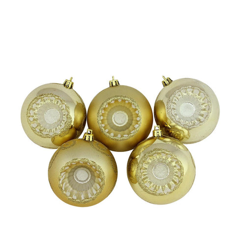 5ct Shiny and Matte Vegas Gold Retro Reflector Shatterproof Christmas Ball Ornaments 3.25" (80mm)