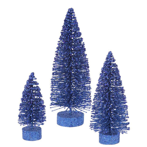 Set of 3 Blue Glittered Snow Bottle Brush Artificial Christmas Tree Decorations