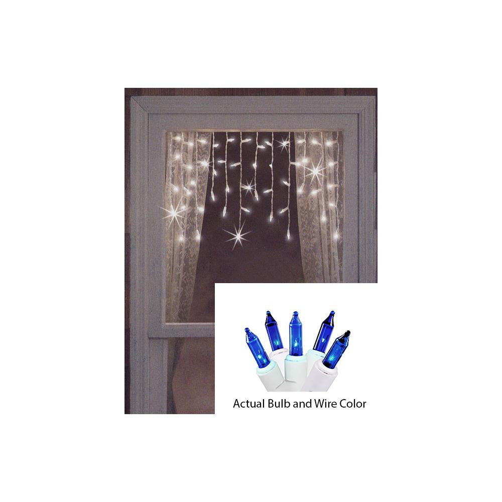 Set of 50 Blue Mini Window Curtain Icicle Christmas Lights - White Wire