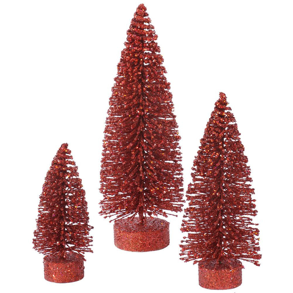 Set of 3 Red Glittered Bottle Brush Oval Artificial Christmas Tree Decorations