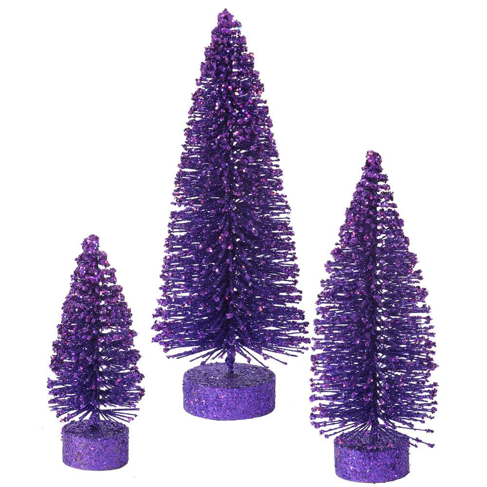 Set of 3 Purple Glittered Bottle Brush Oval Artificial Christmas Tree Decorations