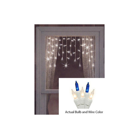 Set of 50 Blue and Frosted Clear Mini Window Curtain Icicle Christmas Lights - White Wire