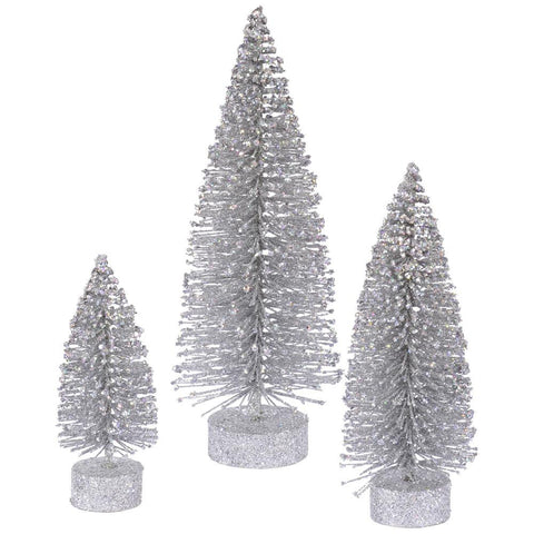 Set of 3 Silver Glittered Bottle Brush Oval Artificial Christmas Tree Decorations