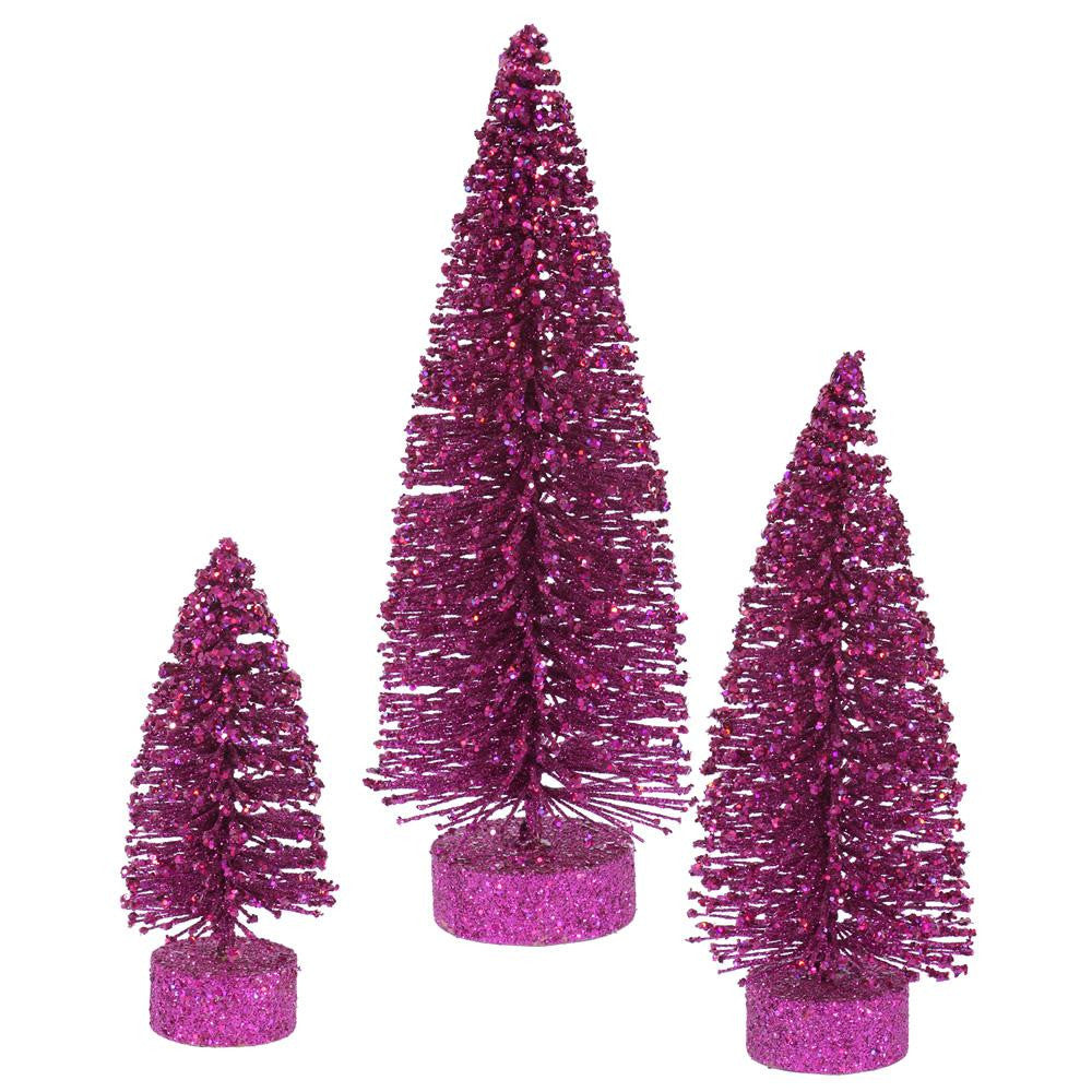 Set of 3 Magenta Glittered Bottle Brush Artificial Christmas Tree Decorations