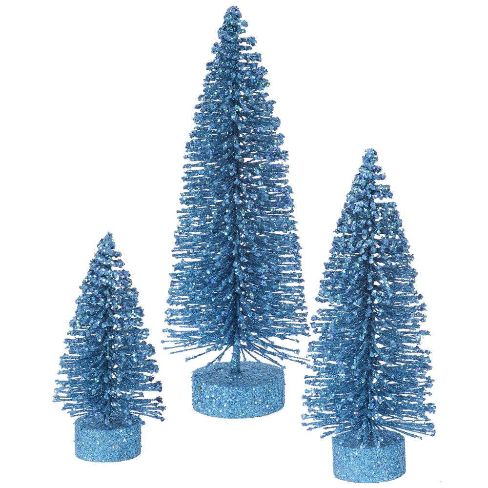 Set of 3 Turquoise Glittered Bottle Brush Artificial Christmas Tree Decorations