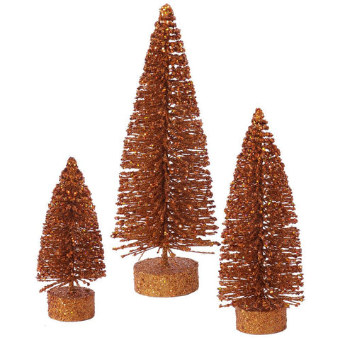 Set of 3 Copper Glittered Bottle Brush Oval Artificial Christmas Tree Decorations