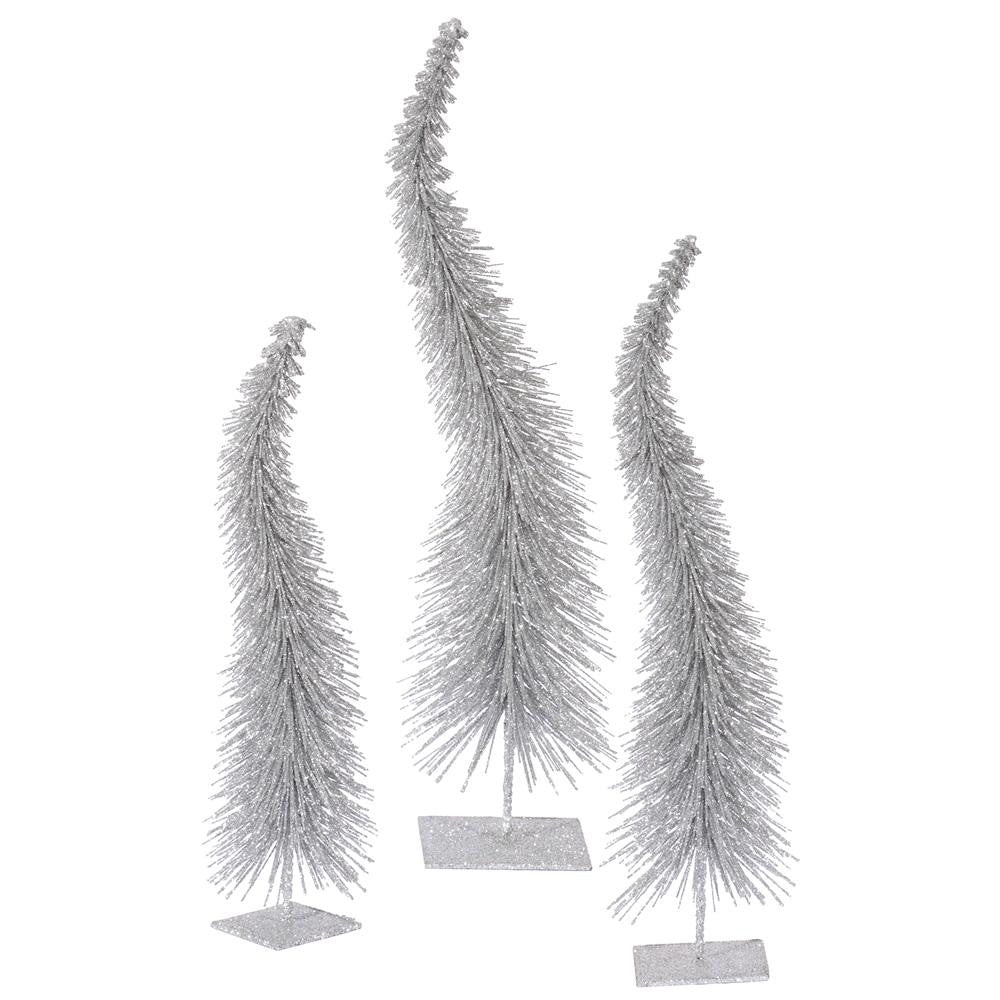 Set of 3 Silver Glitter Curved Artificial Table Top Christmas Trees - Unlit