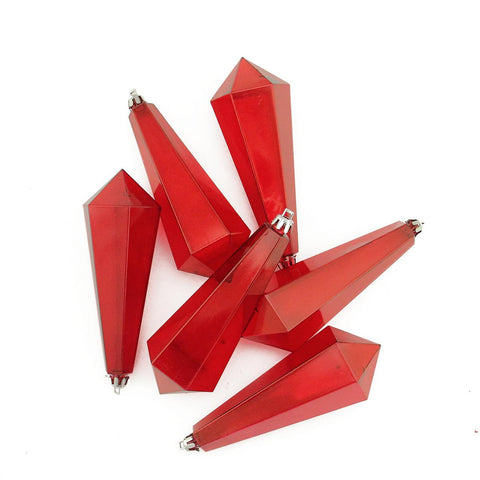 6ct Red Transparent Shatterproof Diamond Shaped Icicle Christmas Ornaments 5.5"