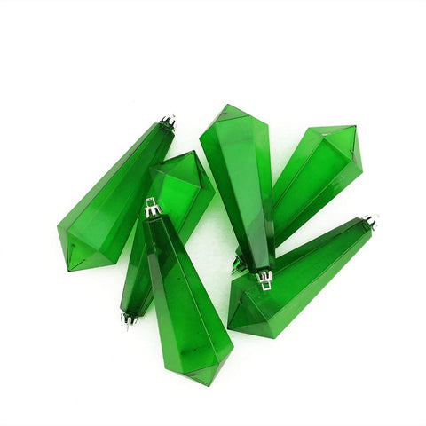 6ct Green Transparent Shatterproof Diamond Shaped Icicle Christmas Ornaments 5.5"