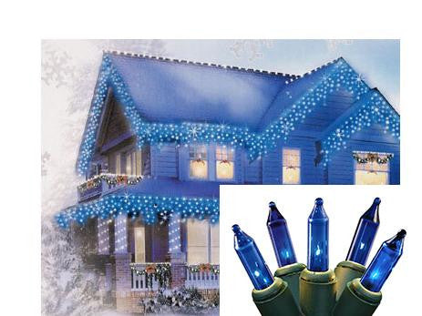 Set of 100 Blue Mini Icicle Christmas Lights - Green Wire