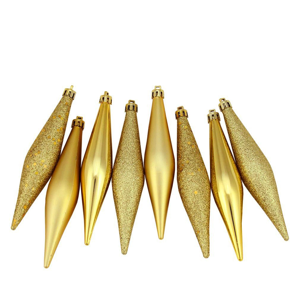 8ct Vegas Gold Shatterproof 4-Finish Finial Drop Christmas Ornaments 6"