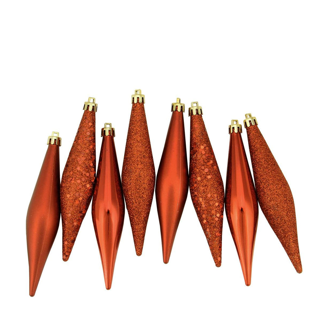 8ct Burnt Orange Shatterproof 4-Finish Finial Drop Christmas Ornaments 6"