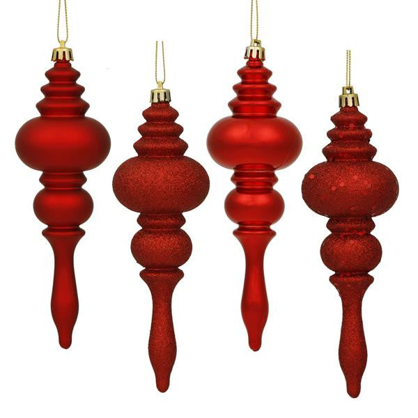 8ct Red Hot 4-Finish Regal Shatterproof Finial Christmas Ornaments 7"