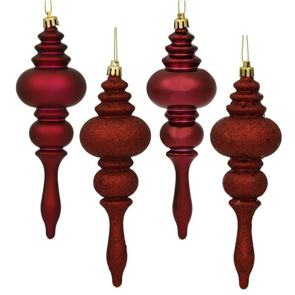 8ct Burgundy Red 4-Finish Regal Shatterproof Finial Christmas Ornaments 7"