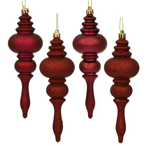 8ct Burgundy Red 4-Finish Regal Shatterproof Finial Christmas Ornaments 7"