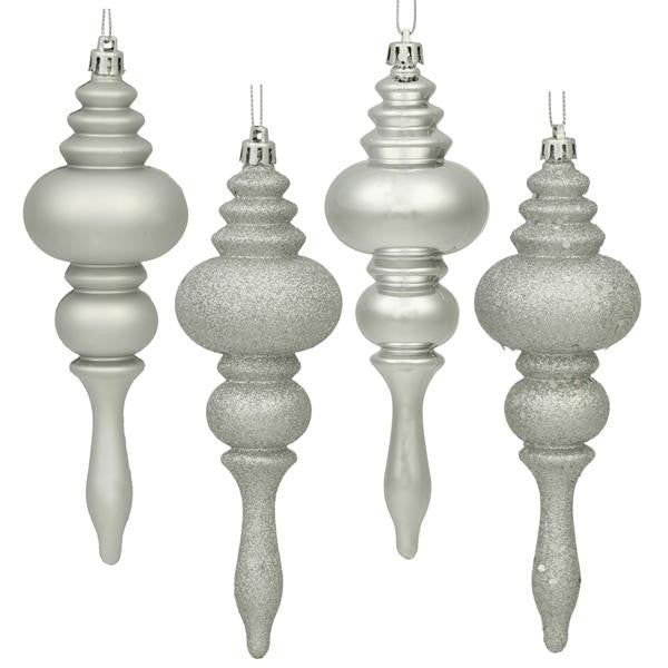 8ct Silver Splendor 4-Finish Regal Shatterproof Finial Christmas Ornaments 7"