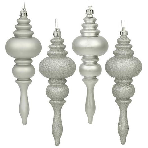 8ct Silver Splendor 4-Finish Regal Shatterproof Finial Christmas Ornaments 7"