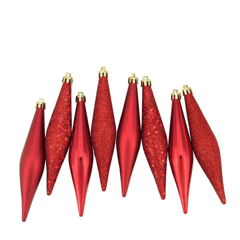 8ct Red Hot Shatterproof 4-Finish Finial Drop Christmas Ornaments 6"