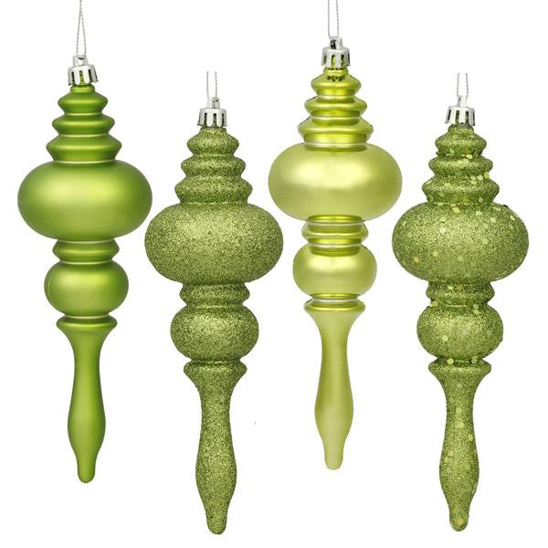 8ct Green Kiwi 4-Finish Regal Shatterproof Finial Christmas Ornaments 7"