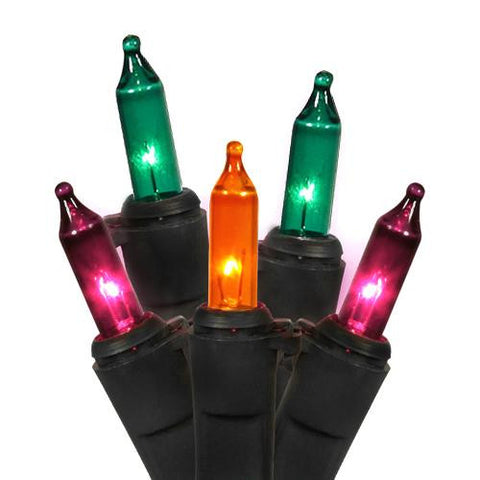 Set of 100 Purple, Orange and Green Mini Halloween or Christmas Lights - Black Wire