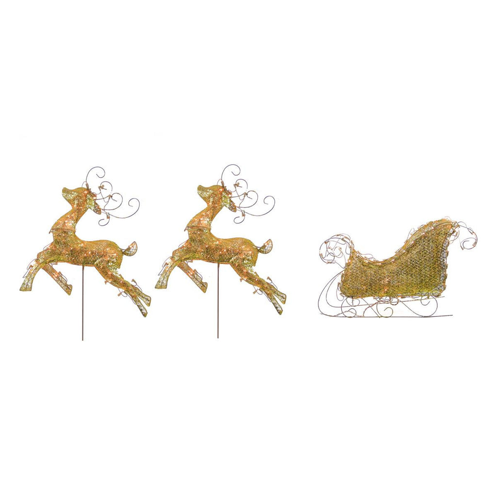 3-Piece Lighted 3-D Glitter Reindeer and Sleigh Christmas Yard Art Decoration Set 48"