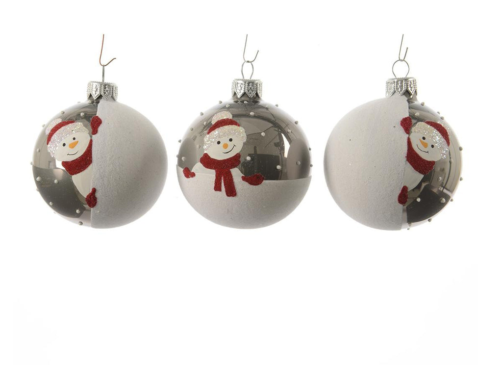 Alpine Chic Pearl Gray Decorative Snowman Design Glass Christmas Ball Ornament 3.25" (80mm)