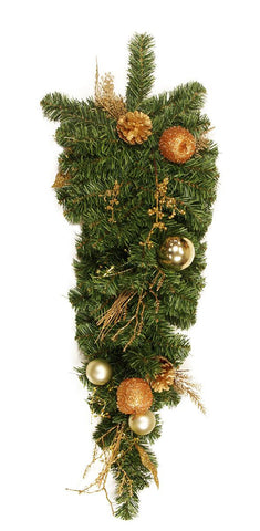 30" Pre-Decorated Pine, Gold Apple, Ball, Berry and Pine Cone Artificial Christmas Teardrop Swag - Unlit