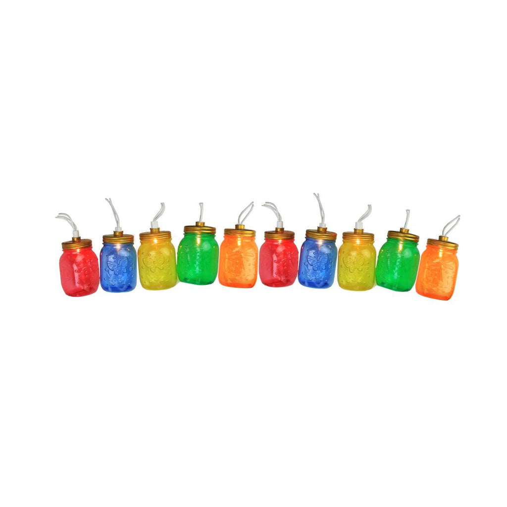 Set of 10 Multi-Color Mini Mason Jar Summer Garden Patio Christmas Lights - White Wire