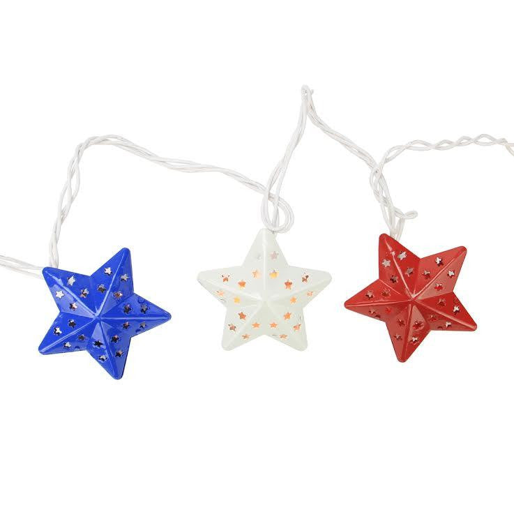 Set of 10 Red, White and Blue Metal Star 4th of July Patio Christmas Lights - White Wire