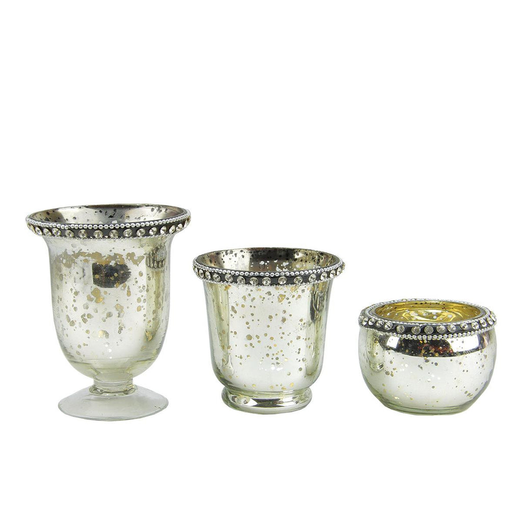 Set of 3 Decorative Silver Mercury Rhinestone Embellished Votive Candle Holders 2", 3.25" and 4.25"